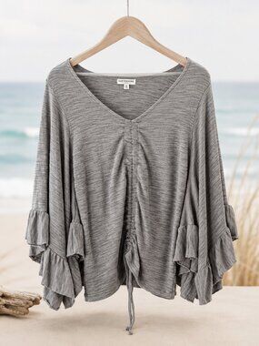 Earthbound Trading Co. Boho Ruffle Sleeve Top – Gray – Size Medium